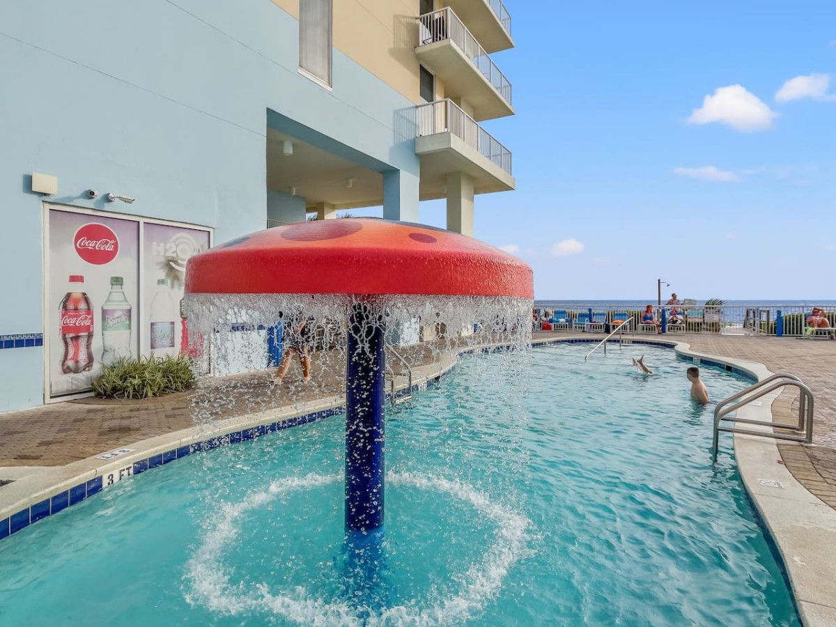 Children’s mushroom splash pool at Majestic Beach Resort overlooking the Gulf in Panama City Beach.