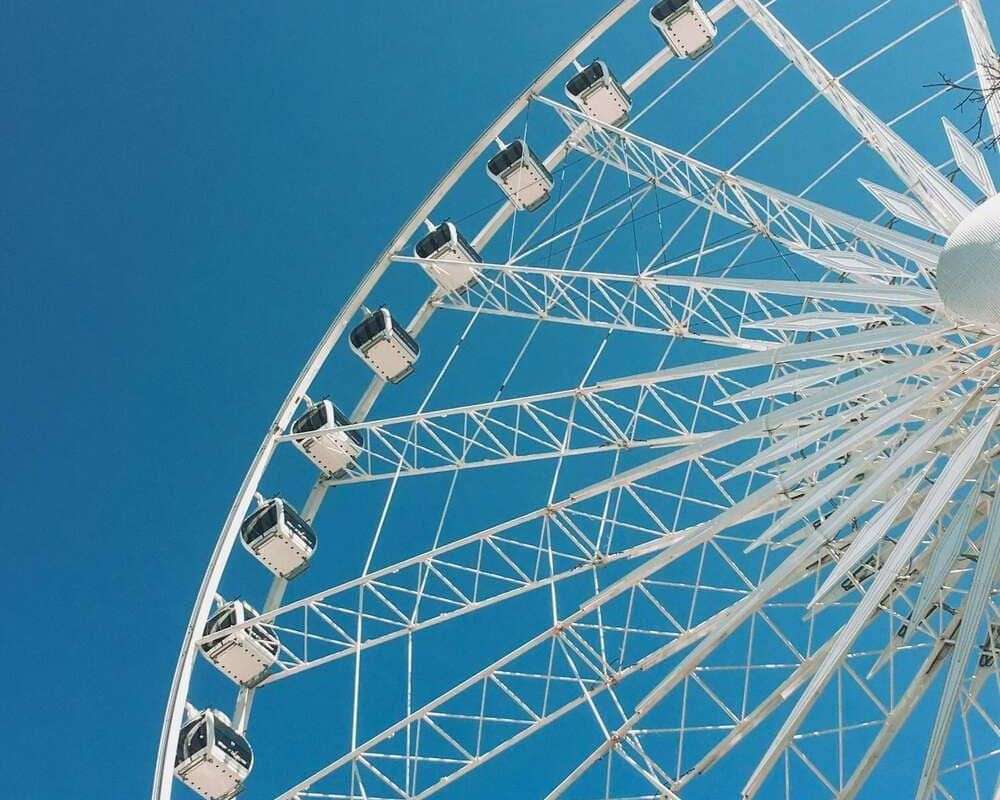 A striking ferris wheel captured from a low angle against a clear blue sky