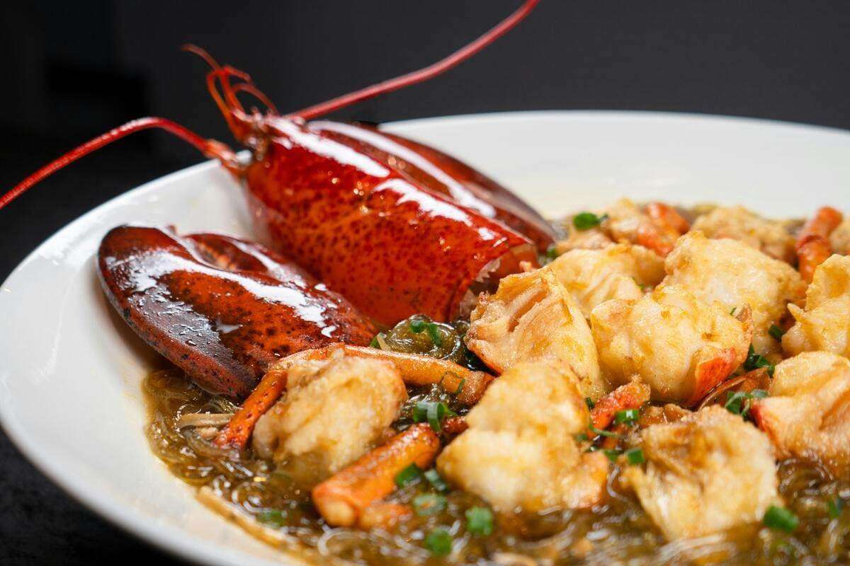 Close-up of a gourmet lobster dish with noodles and vegetables in a savory sauce.