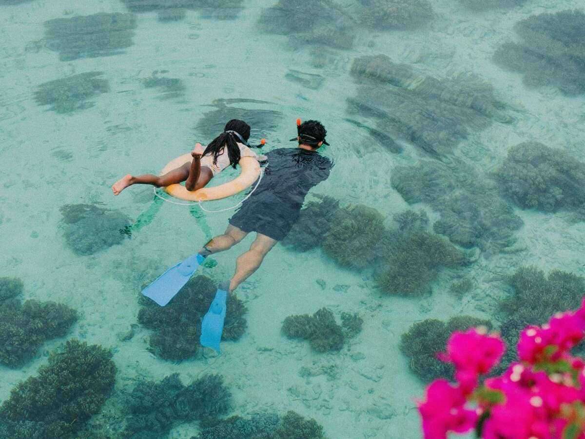 A father with his daughter in the water with skis.