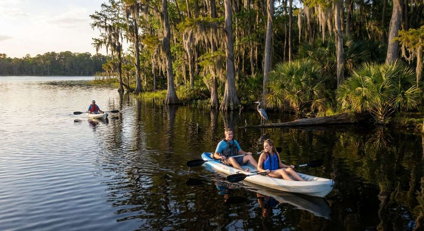 People kayaking at Camp Helen State Park's Dune Lakes