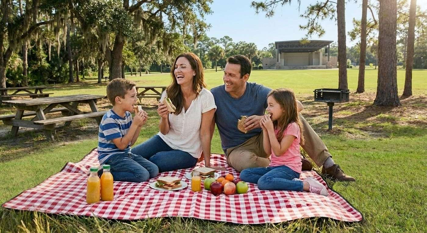 Family having a picnic at Aaron Bessant Park's