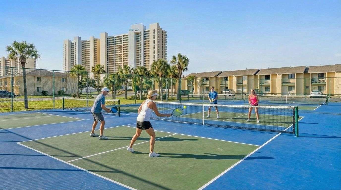 Family playing pickleball at Gulf Highlands Beach Resort