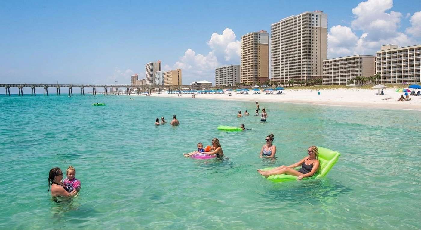 People swimming in Panama City Beach in Fall