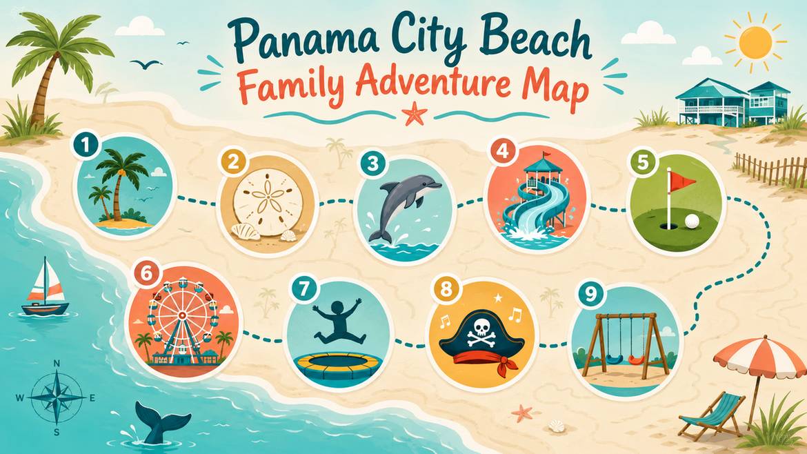 Infographic showing 9 family adventure categories in Panama City Beach: state parks, Shell Island, dolphin tours, water park, mini-golf, Pier Park, trampoline park, dinner show, and free playground