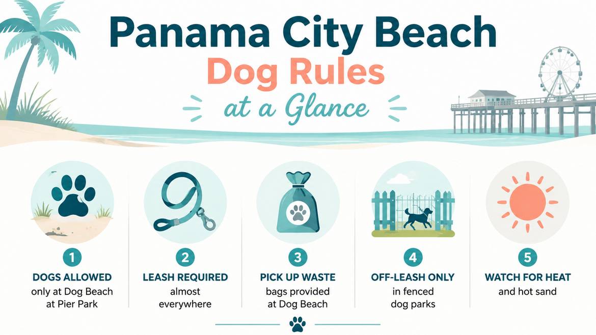 Infographic showing the five key Panama City Beach dog rules at a glance