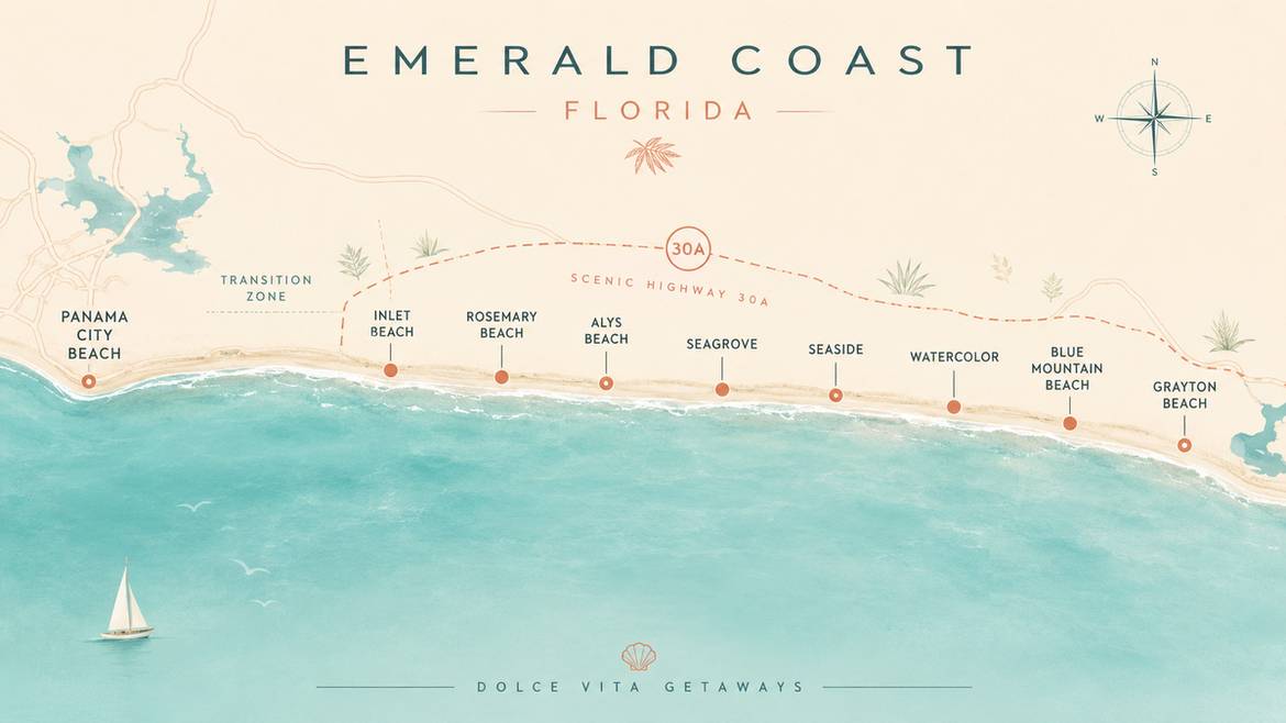 Stylized map of the Emerald Coast showing Panama City Beach and the 30A towns from Inlet Beach to Grayton Beach